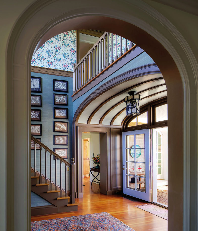 Back staircase, vaulted ceiling, HOUSE ON PENOBSCOT BAY, Maine, Peter Pennoyer Architects, neo-traditional Shingle Style summer house