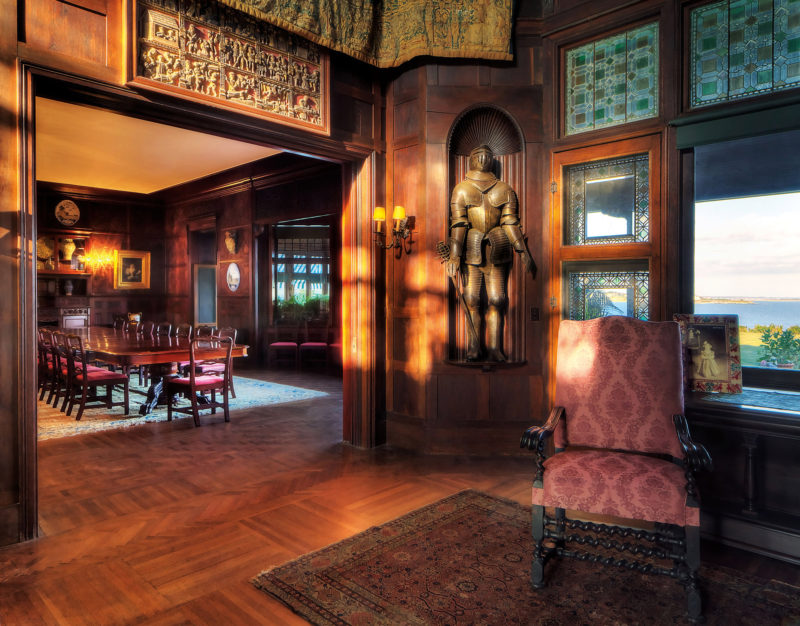 Living Hall & Dining Room, OCHRE POINT, SOUTHSIDE, Newport, Shingle Style, mansion, McKim Mead & White, suit of armor, stain glass